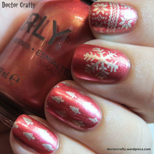 Red and gold holiday stamped manicure